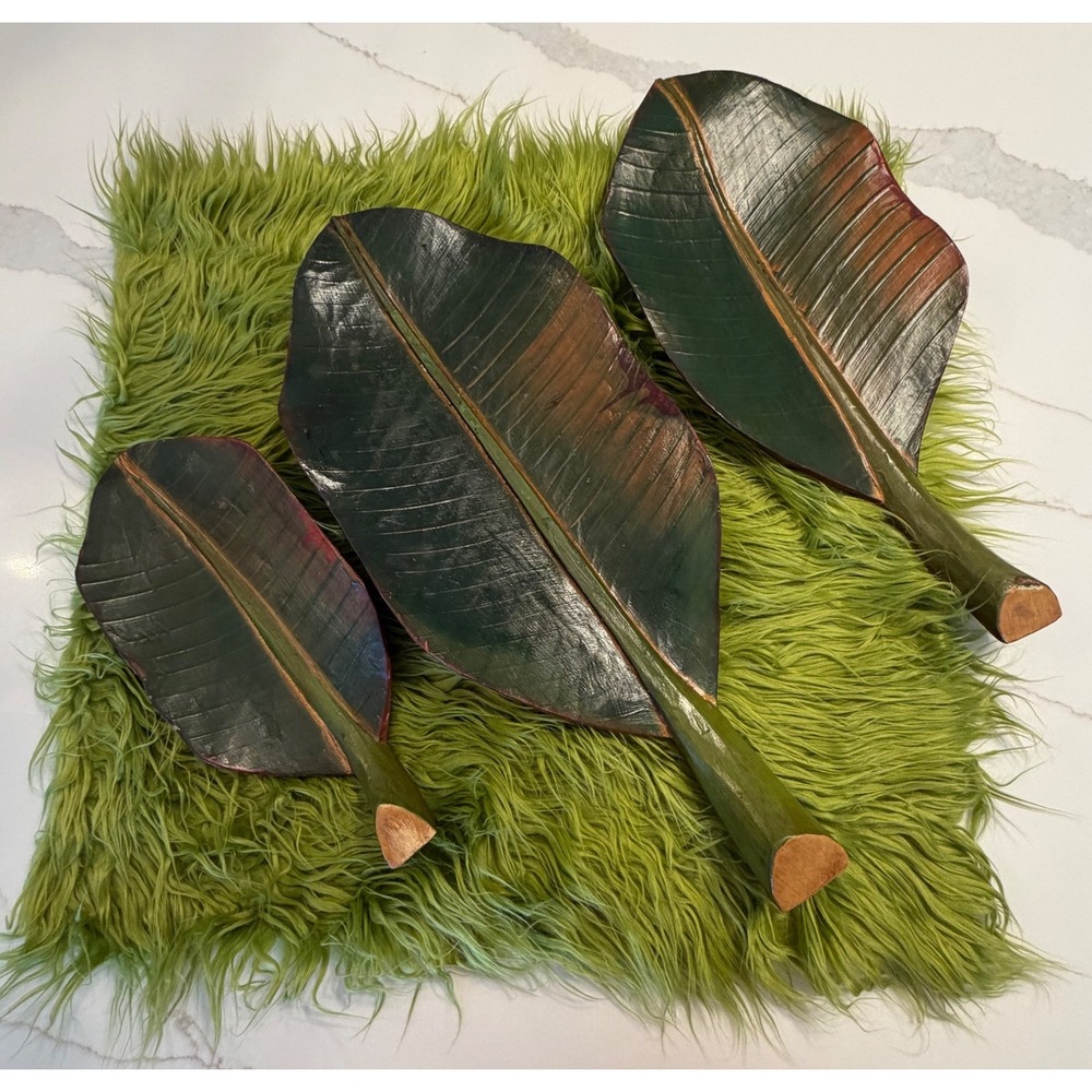 Vintage Hand Carved Wood Tropical Leaf Decor Set 3 Green Brown Botanical
